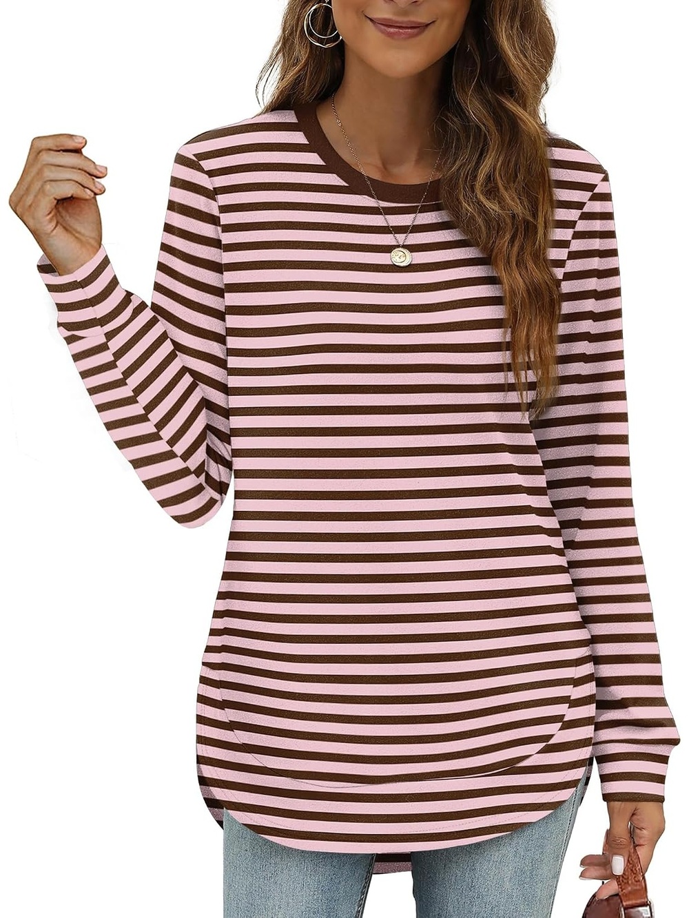 Women's Pink Brown Stripe Sweatshirt Crew Neck Long Sleeve Shirts High Low Tops
